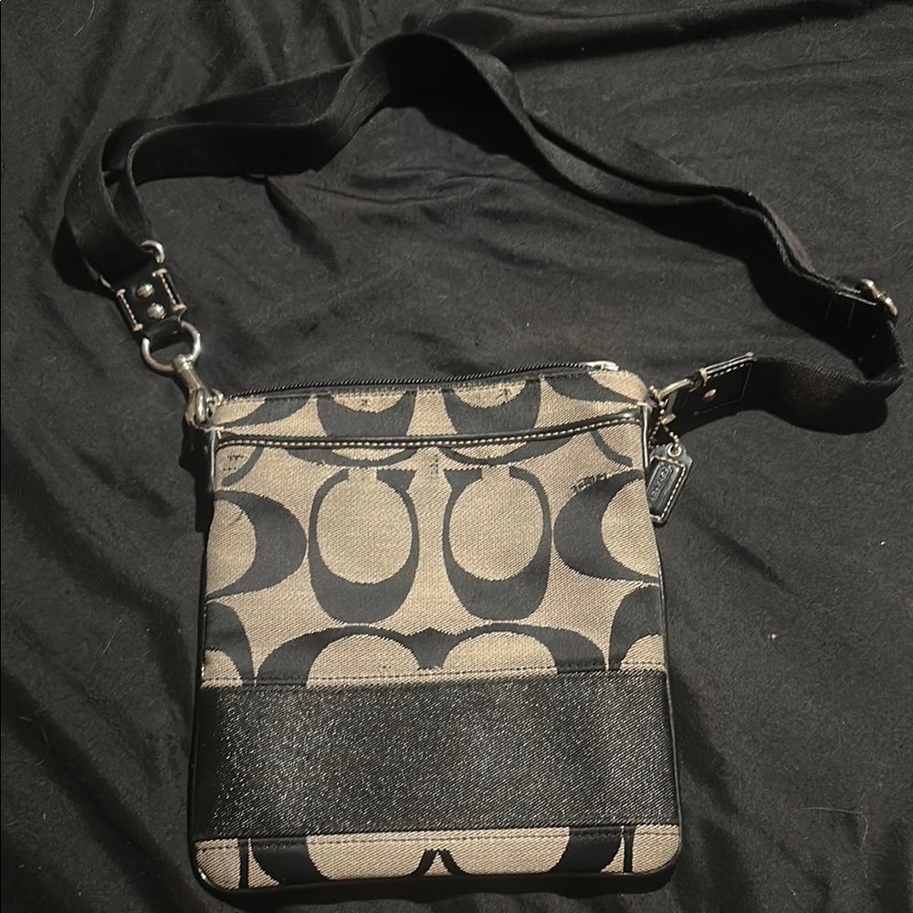 Coach Black and Tan Messenger Bag with Signature Design